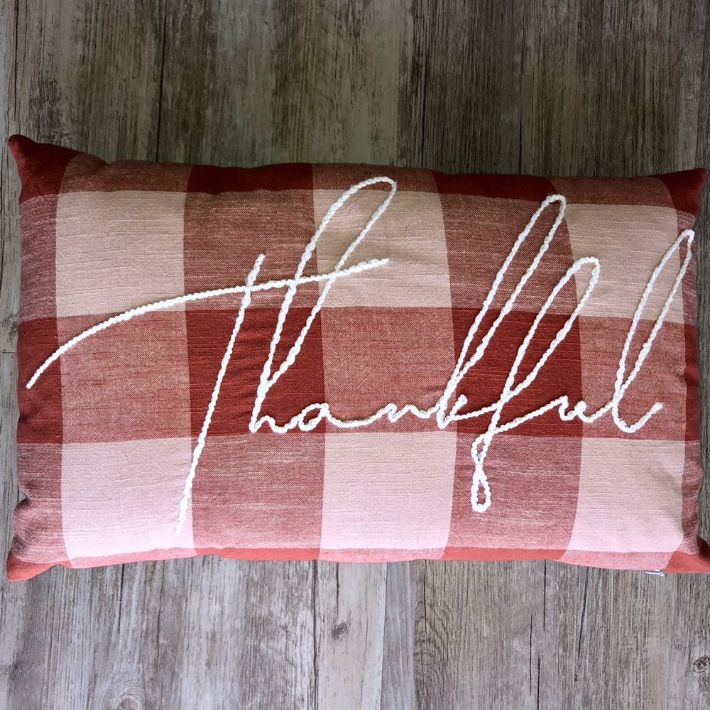 Allen & Roth Thankful Pillow Orange Plaid 12” x 20” New Embroiled